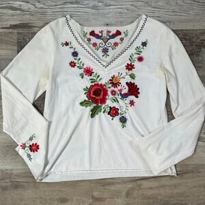 White Stag Embroidered Bird & Floral Top Long Sleeve Boho Folk Style Tee
